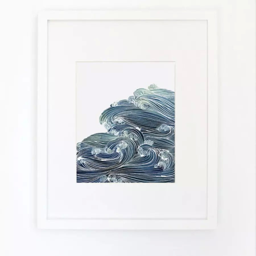 Ocean Waves in Blue Watercolor Archival Wall Art Print by Yao Cheng with frame