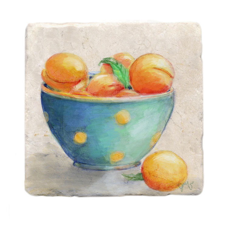Peaches in Polka Dot Bowl Tile Art Stone Coaster by Tiny Quail