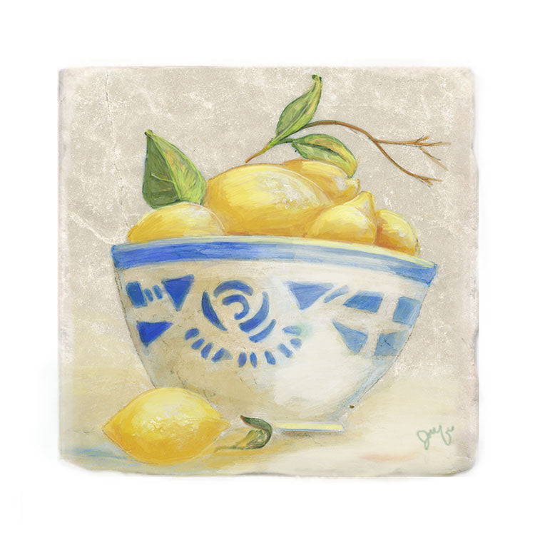 Lemons in Blue and White Bowl Tile Art Stone Coasters