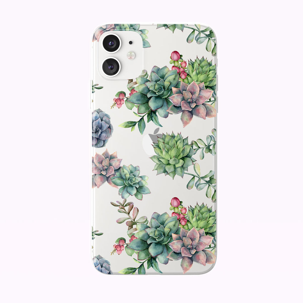 Pretty Watercolor Colorful Succulents Clear iPhone Case from Tiny Quail shown on a white iPhone 11 