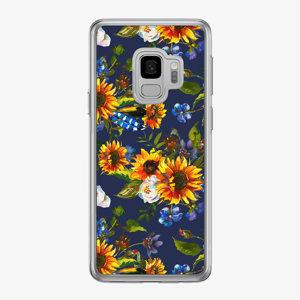 Sunflower Boho Pattern on Blue Samsung Galaxy Phone Case from Tiny Quail