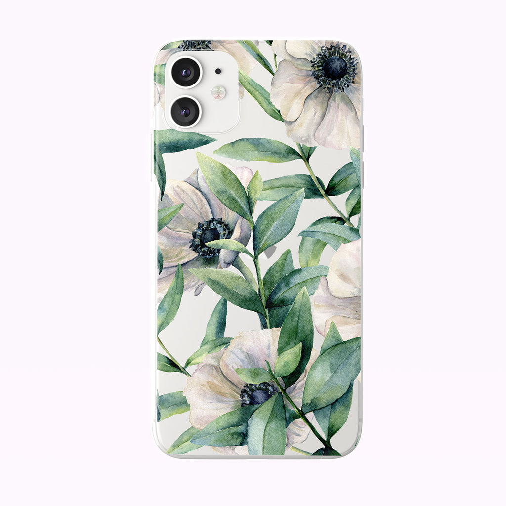 Watercolor White Anemones and Eucalyptus Clear iPhone Case from Tiny Quail shown on white iPhone