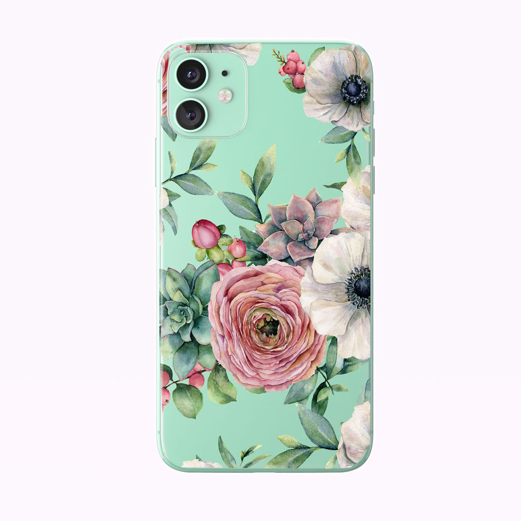 White and Pink Anemones and Succulents Clear iPhone Case from Tiny Quail on green