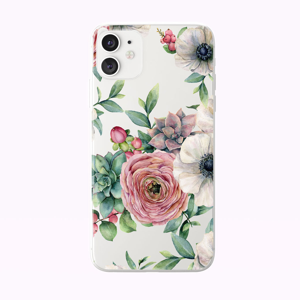 White and Pink Anemones and Succulents Clear iPhone Case from Tiny Quail
