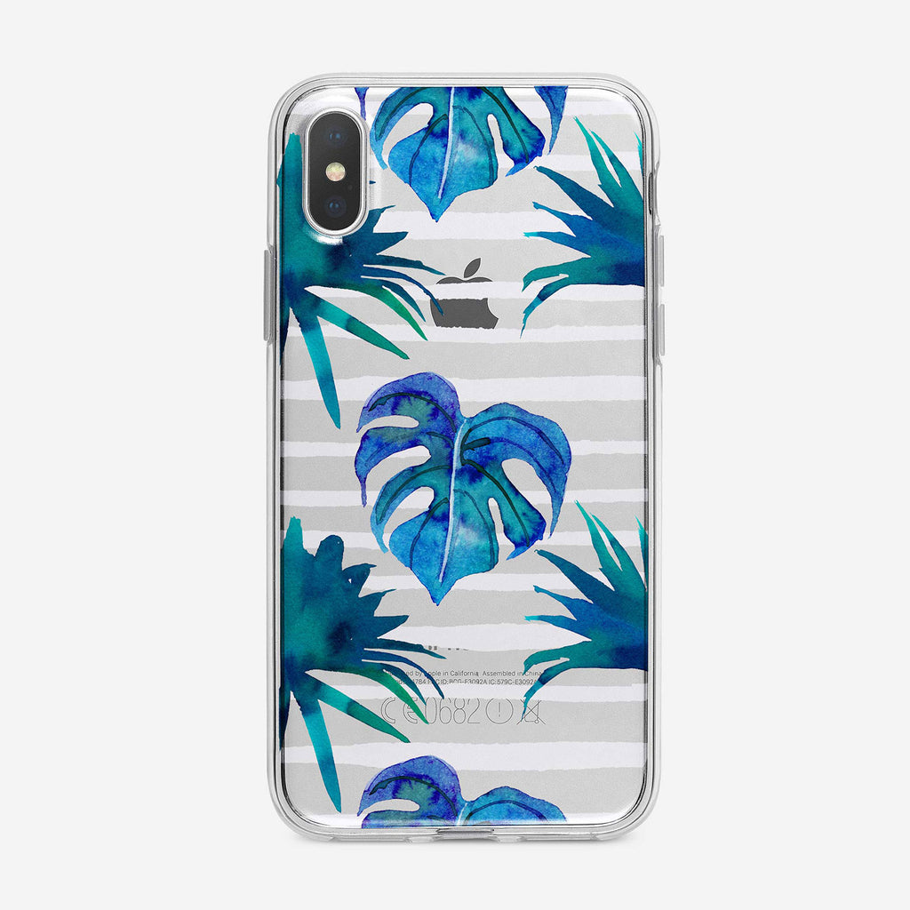 Blue Leaves Striped iPhone Case by Tiny Quail
