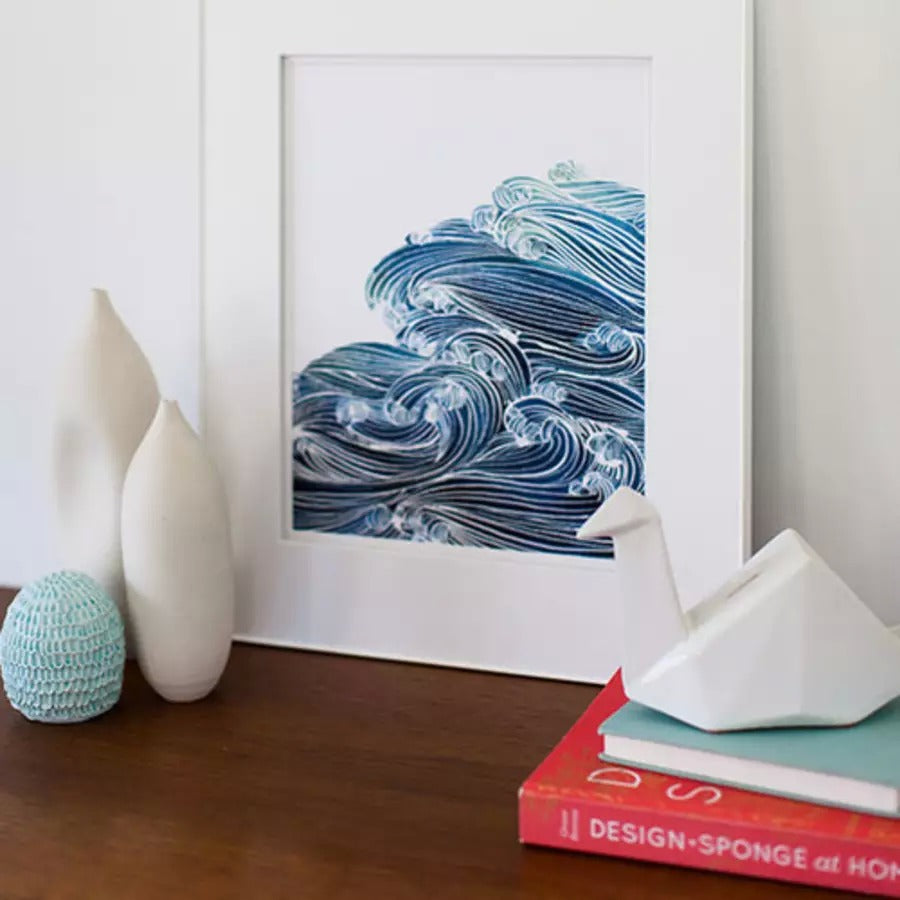 Ocean Waves in Blue Watercolor Archival Wall Art Print by Yao Cheng