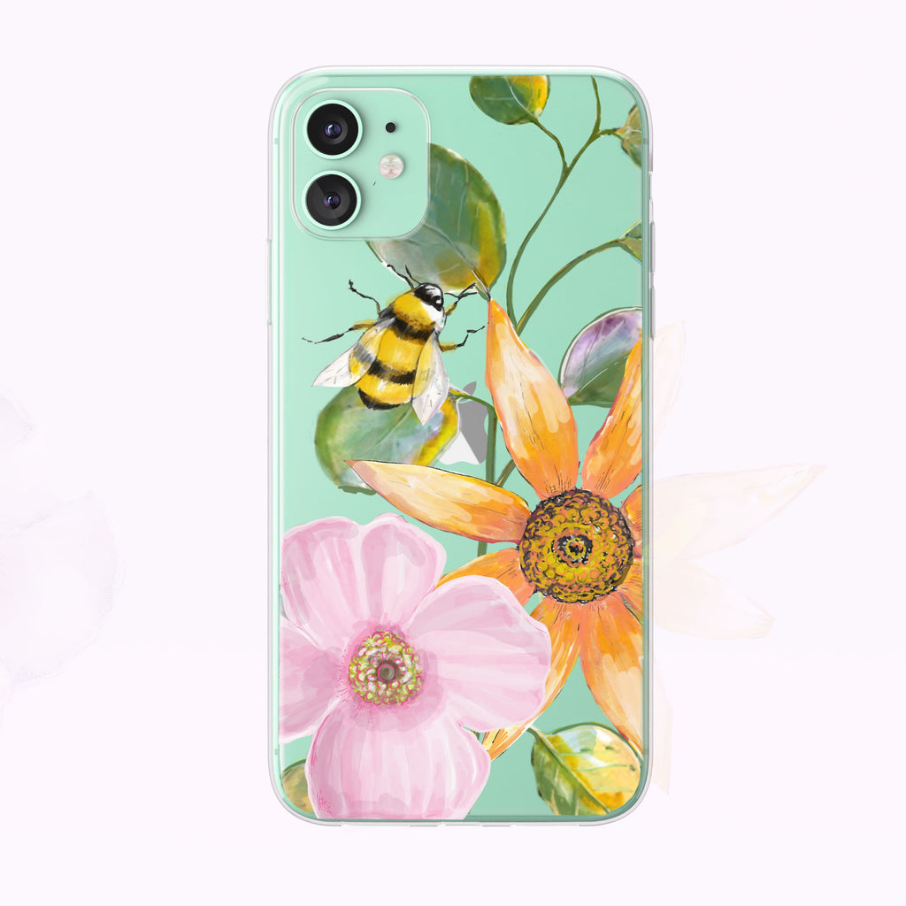 Watercolor Bumblebee Floral iPhone Case by Tiny Quail