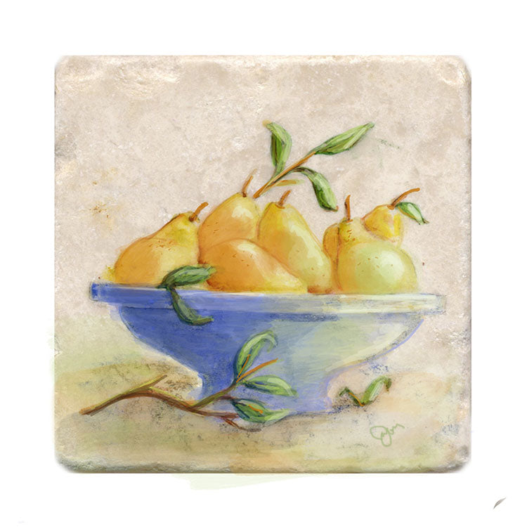 Pears in Bowl Tile Art Stone Coasters by Tiny Quail
