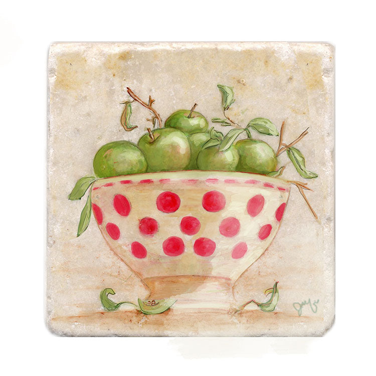 Apples in Polka Dot Bowl Tile Art Stone Coasters