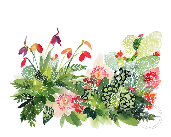 Cactus Panorama Watercolor Archival Wall Art Print by Yao Cheng Design without frame