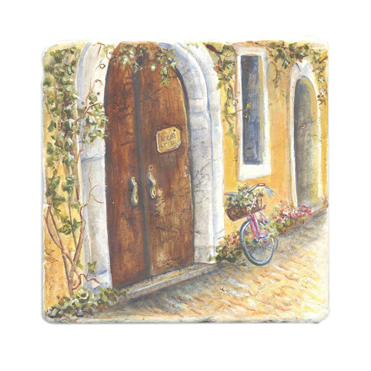 European Cobblestone Street with Bicycle Tile Art Stone Trivet by Tiny Quail