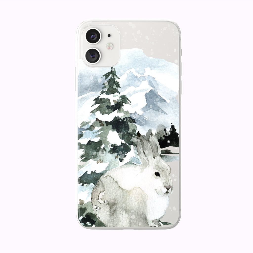 white Mountain Forest Snow Bunny iPhone Case from Tiny Quail