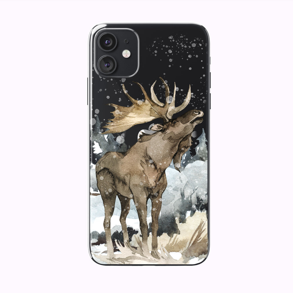 Black Bellowing Snowing Forest Moose iPhone Case from Tiny Quail