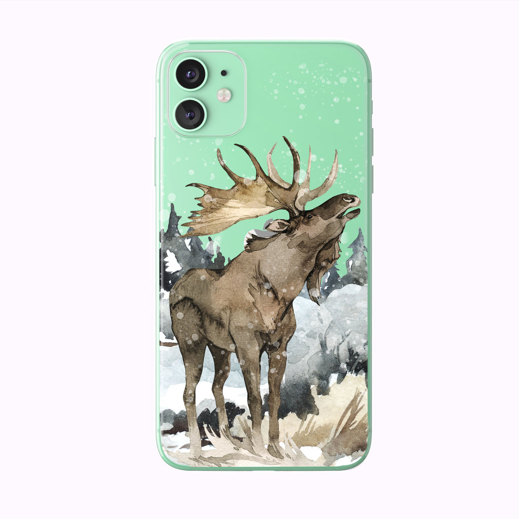 Green Bellowing Snowing Forest Moose iPhone Case from Tiny Quail