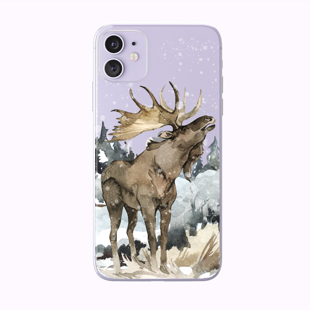 Purple Bellowing Snowing Forest Moose iPhone Case from Tiny Quail