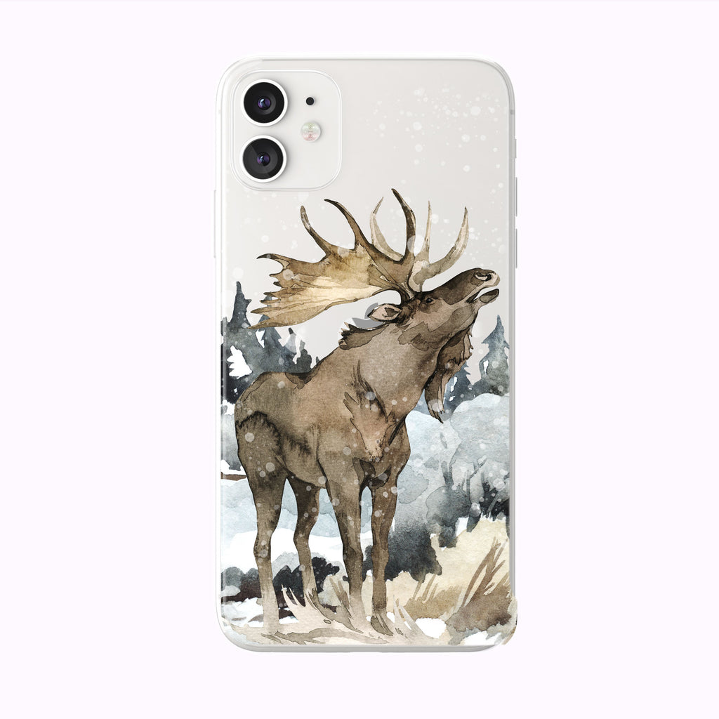 white Bellowing Snowing Forest Moose iPhone Case from Tiny Quail