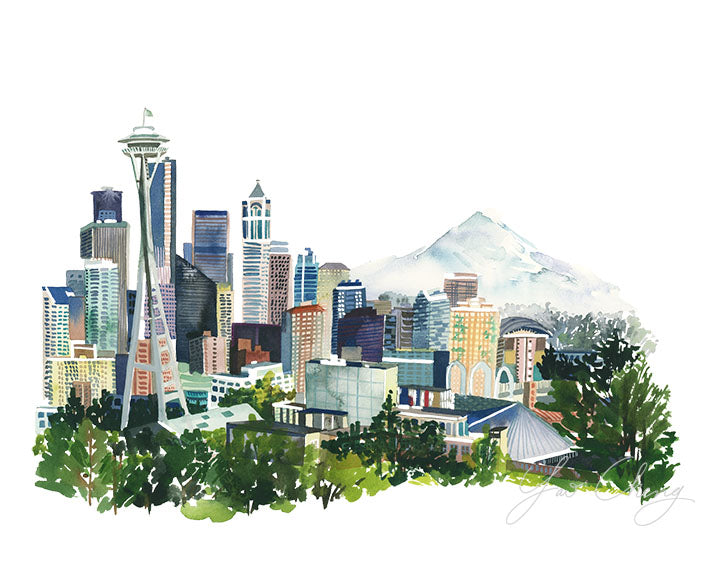 Seattle Watercolor Archival Wall Art Print by Yao Cheng Design without frame