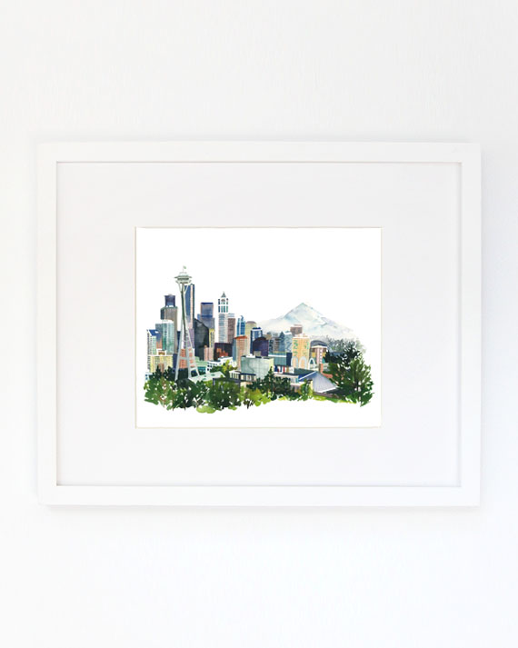 Seattle Watercolor Archival Wall Art Print by Yao Cheng Design