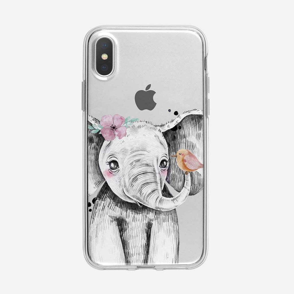 Baby Elephant with Cute Bird Clear iPhone Case from Tiny Quail