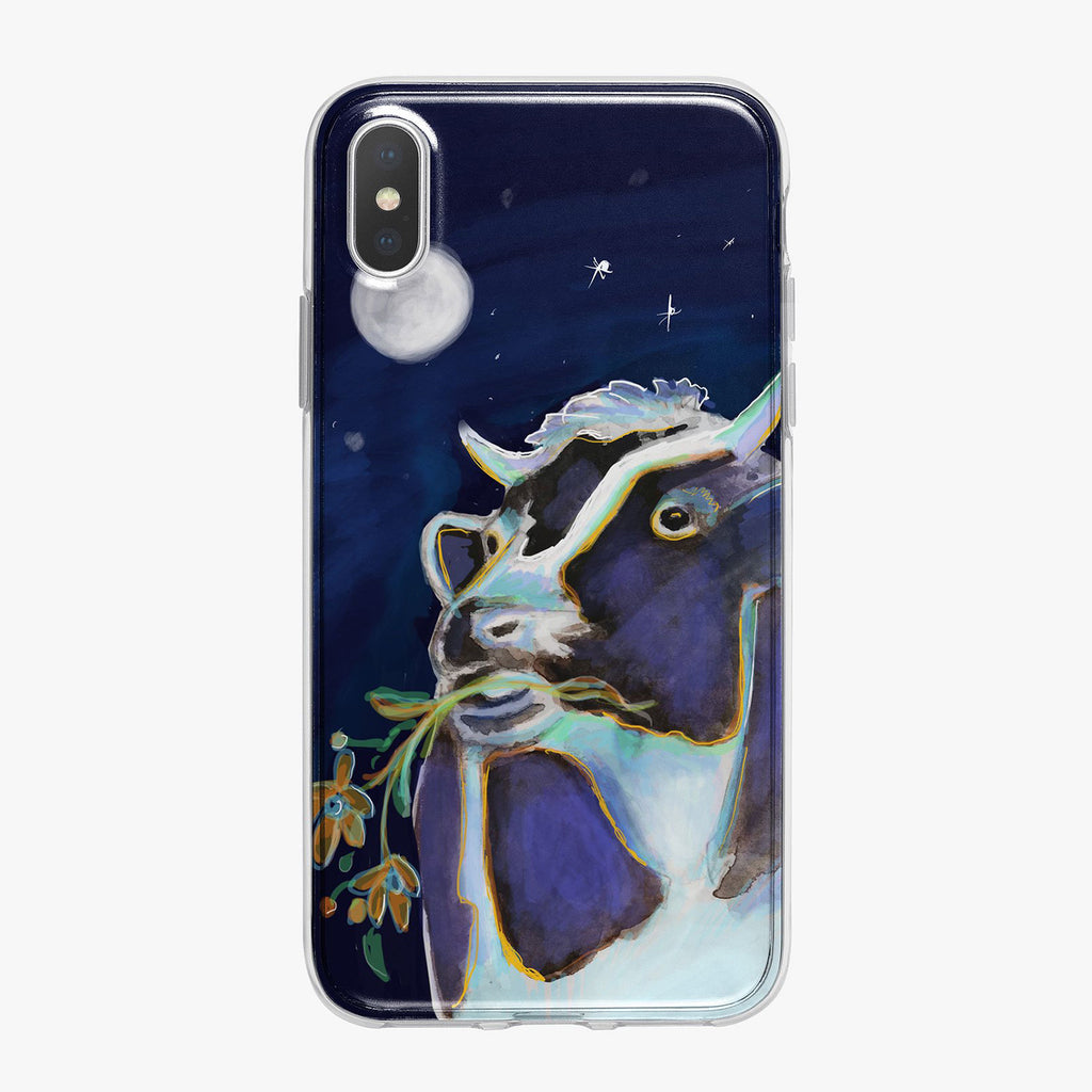 Night Sky Cow Designer iPhone Case from Tiny Quail.  Cow face against blue night sky.