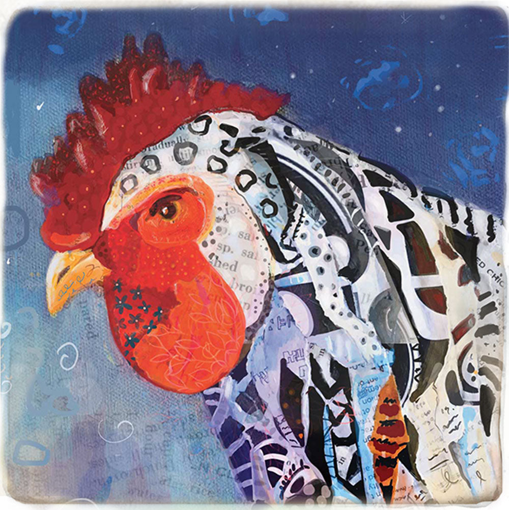 Night Sky Rooster Tile Art Stone Coaster by Tiny Quail