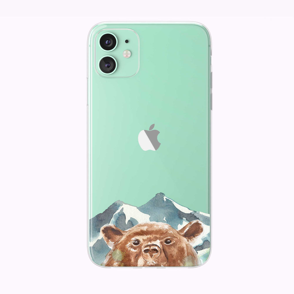 Peeking Mountain Bear Green iPhone Case by Tiny Quail