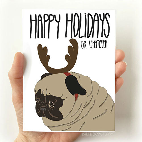 Pug Christmas Card, Pug with antlers, From Debbie Draws Funny