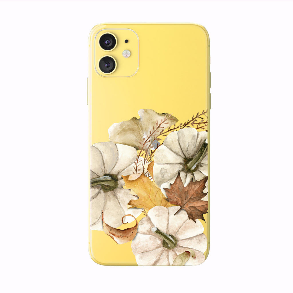 Pumpkins And Fall Leaves on yellow iPhone Case from Tiny Quail