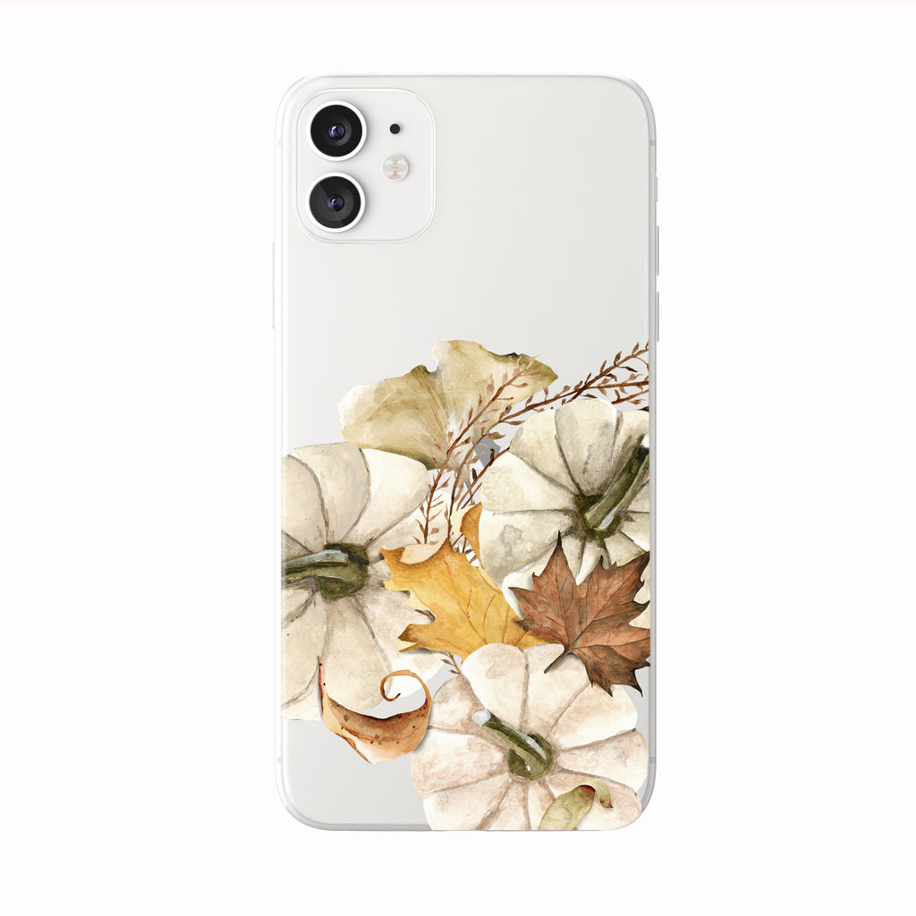 Pumpkins And Fall Leaves on white iPhone Case from Tiny Quail