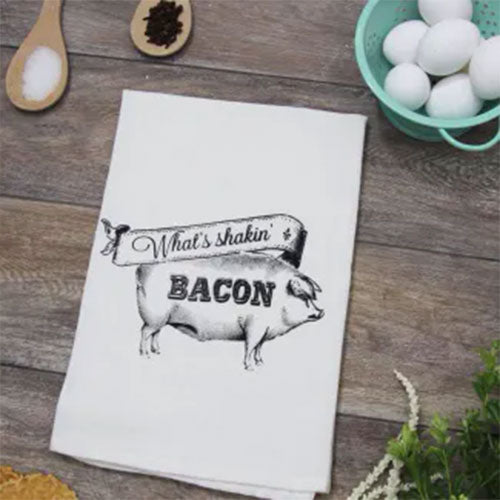 What's Shakin Bacon Funny Kitchen Towel From The Coin Laundry