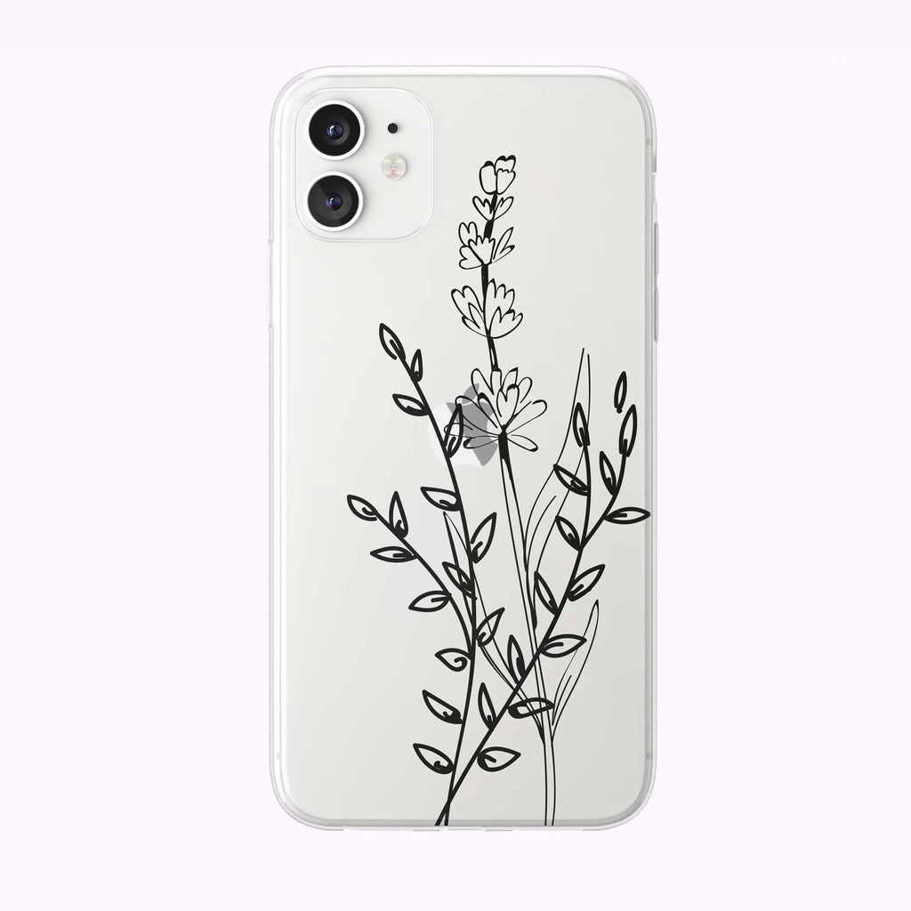 Black Line Art Simple Floral Clear White iPhone Case from Tiny Quail