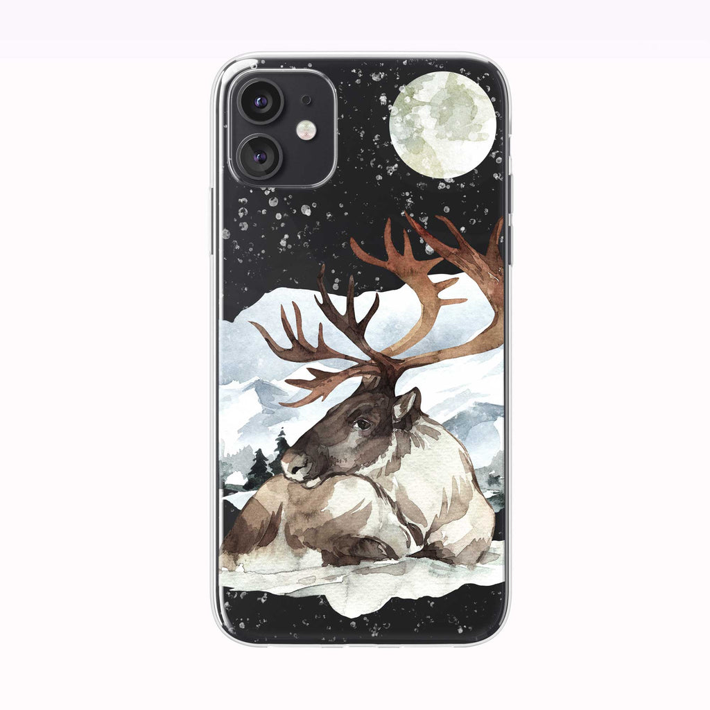Snowing Winter Moon Reindeer black iPhone Case from Tiny Quail