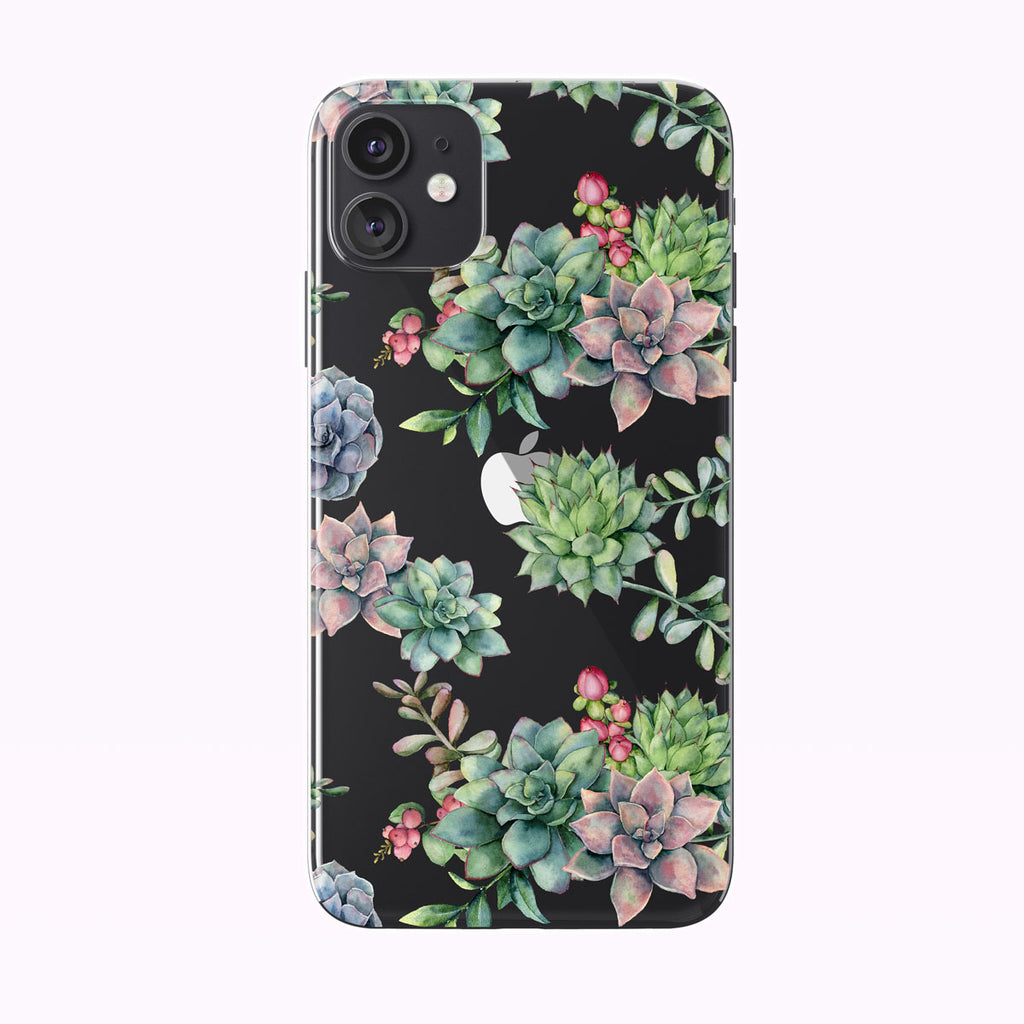 Pretty Watercolor Colorful Succulents Clear iPhone Case from Tiny Quail shown on a black iPhone 11 