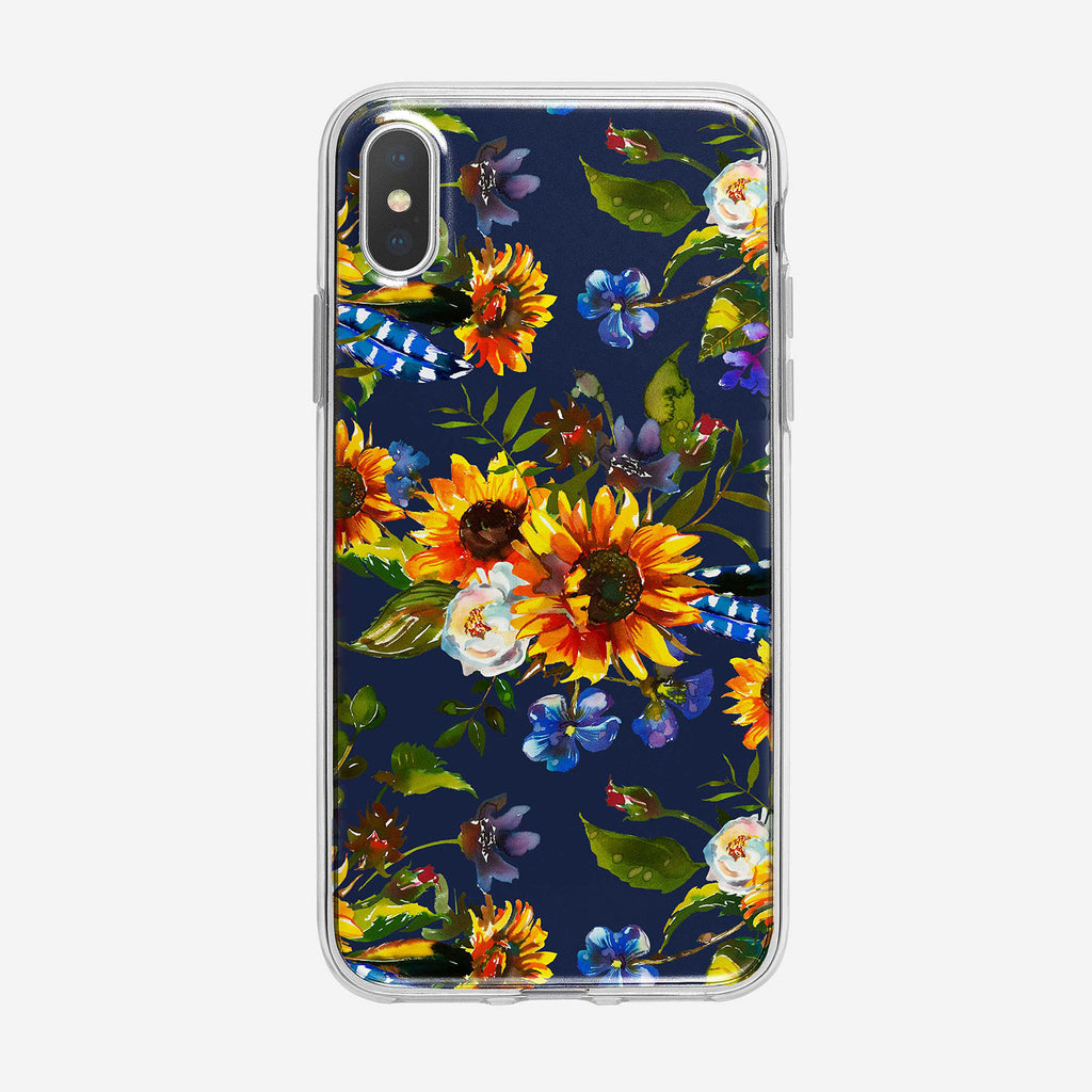 Pretty Sunflower Pattern on Blue iPhone Case From Tiny Quail
