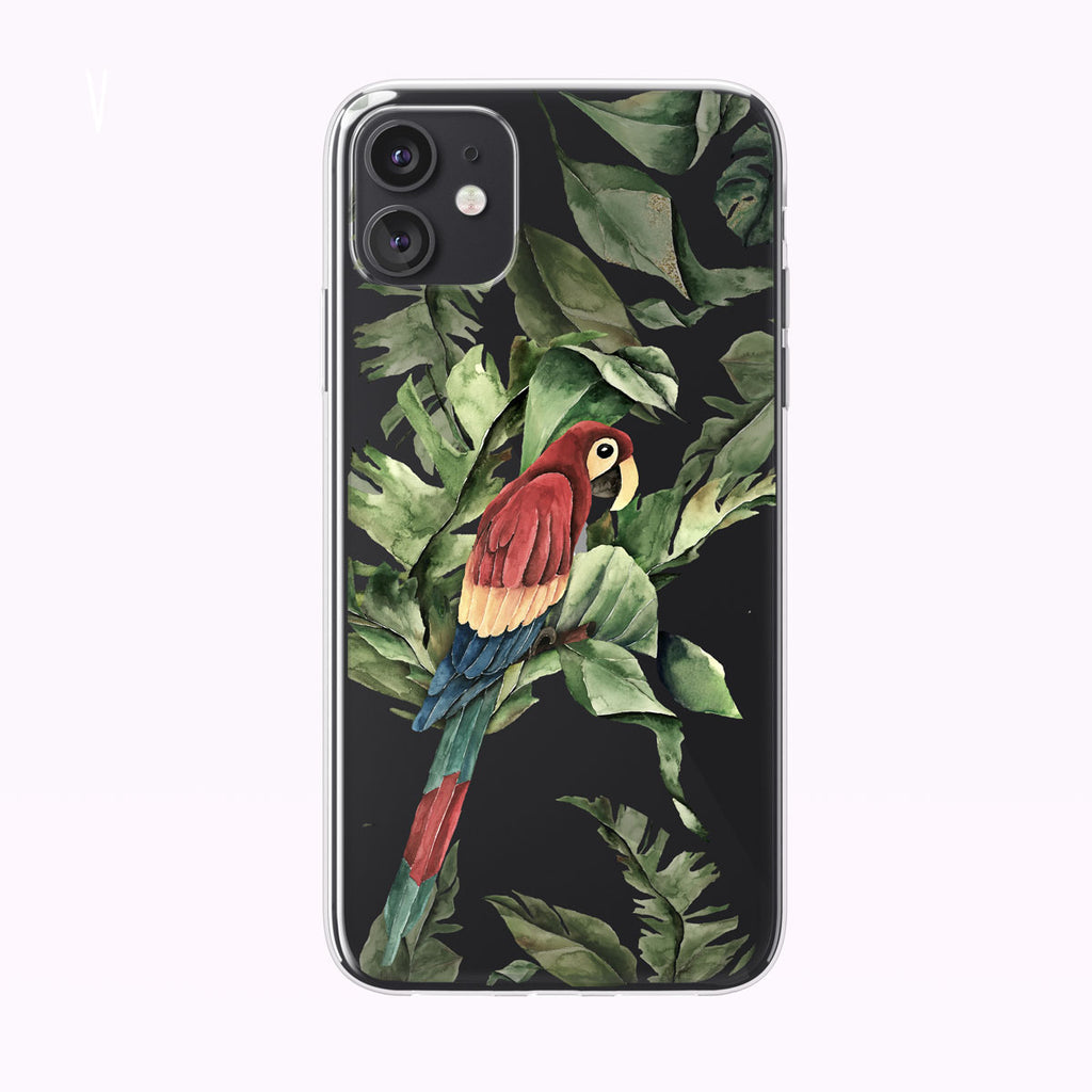 Jungle Red Macaw Parrot iPhone Case from Tiny Quail on a black iPhone case