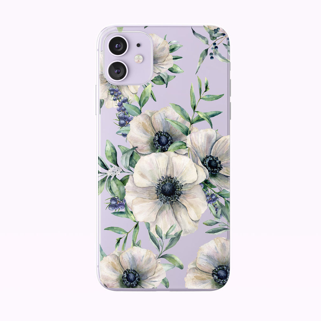 Summer White Anemones Clear iPhone Case from Tiny Quail shown on a purple iPhone 11 case