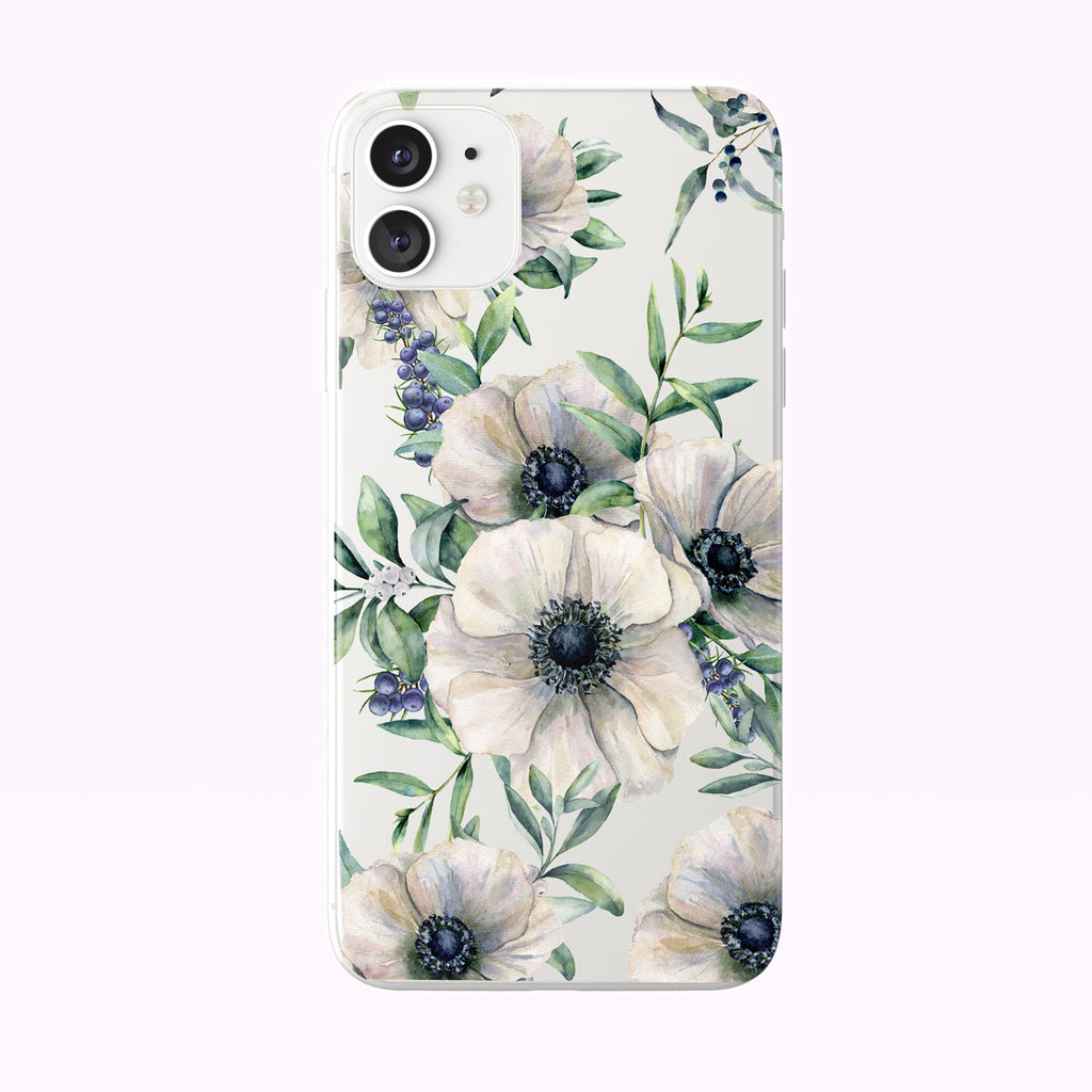 Summer White Anemones Clear iPhone Case from Tiny Quail shown on a white iPhone 11 case