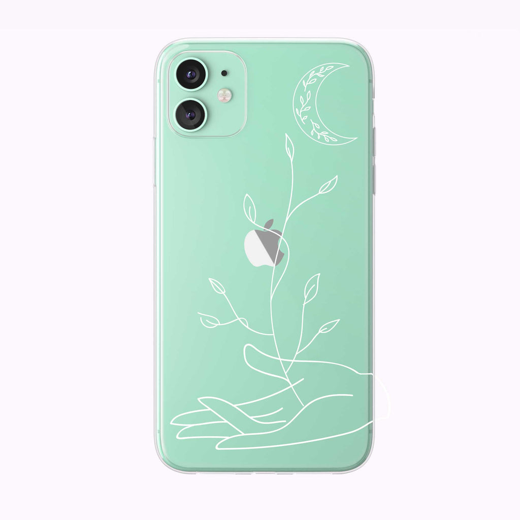 Line Art Mystic Gardener and Moon Clear iPhone Case from Tiny Quail on green iphone